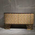 Rounded Two-Door Sideboard with Geometric Patterned Panels Dark Natural Wood Veneer Top and Gold-Tone Openwork Metal Base